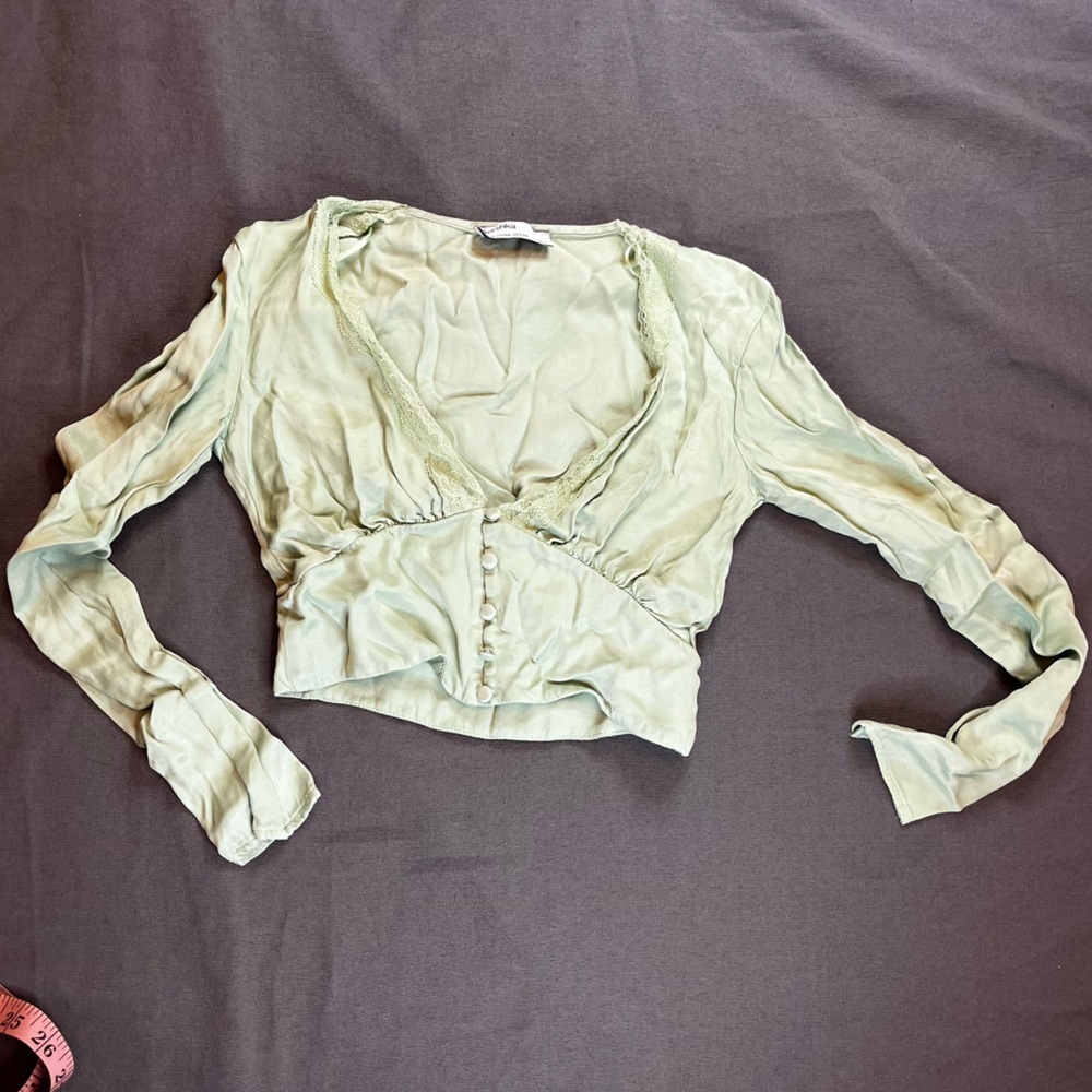 Bershka Light Green Blouse Button Cropped Top Viscose Size XS